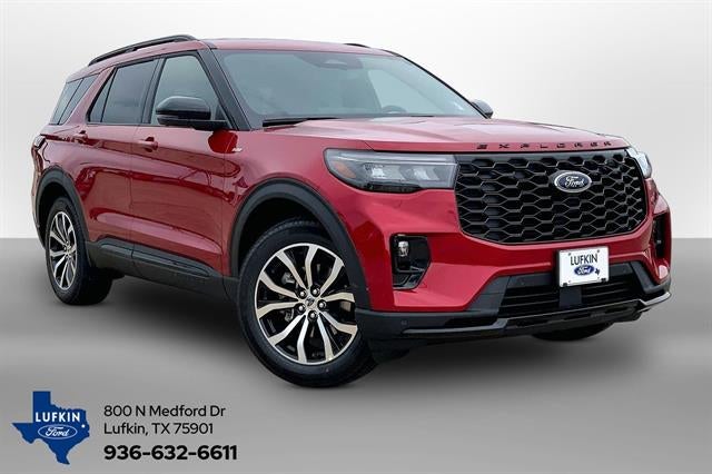 2026 Ford Explorer ST-Line in Rapid Red Metallic Tinted Clearcoat — front three-quarter view