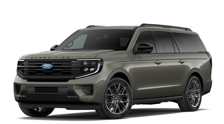 2027 Ford Expedition MAX Platinum in Marsh Gray — front three-quarter view