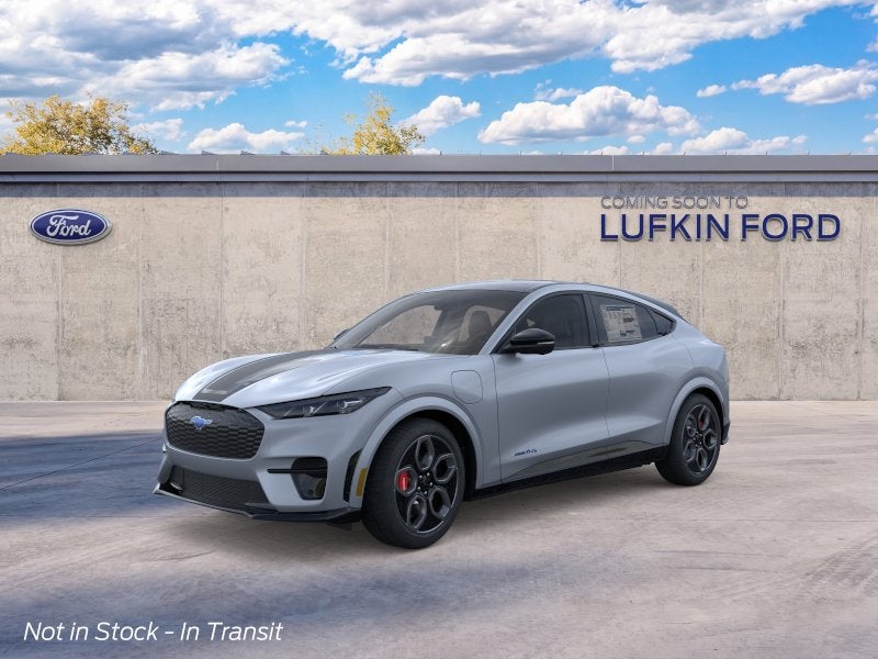 2026 Ford Mustang Mach-E GT in Glacier Gray Metallic Tri-Coat — front three-quarter view